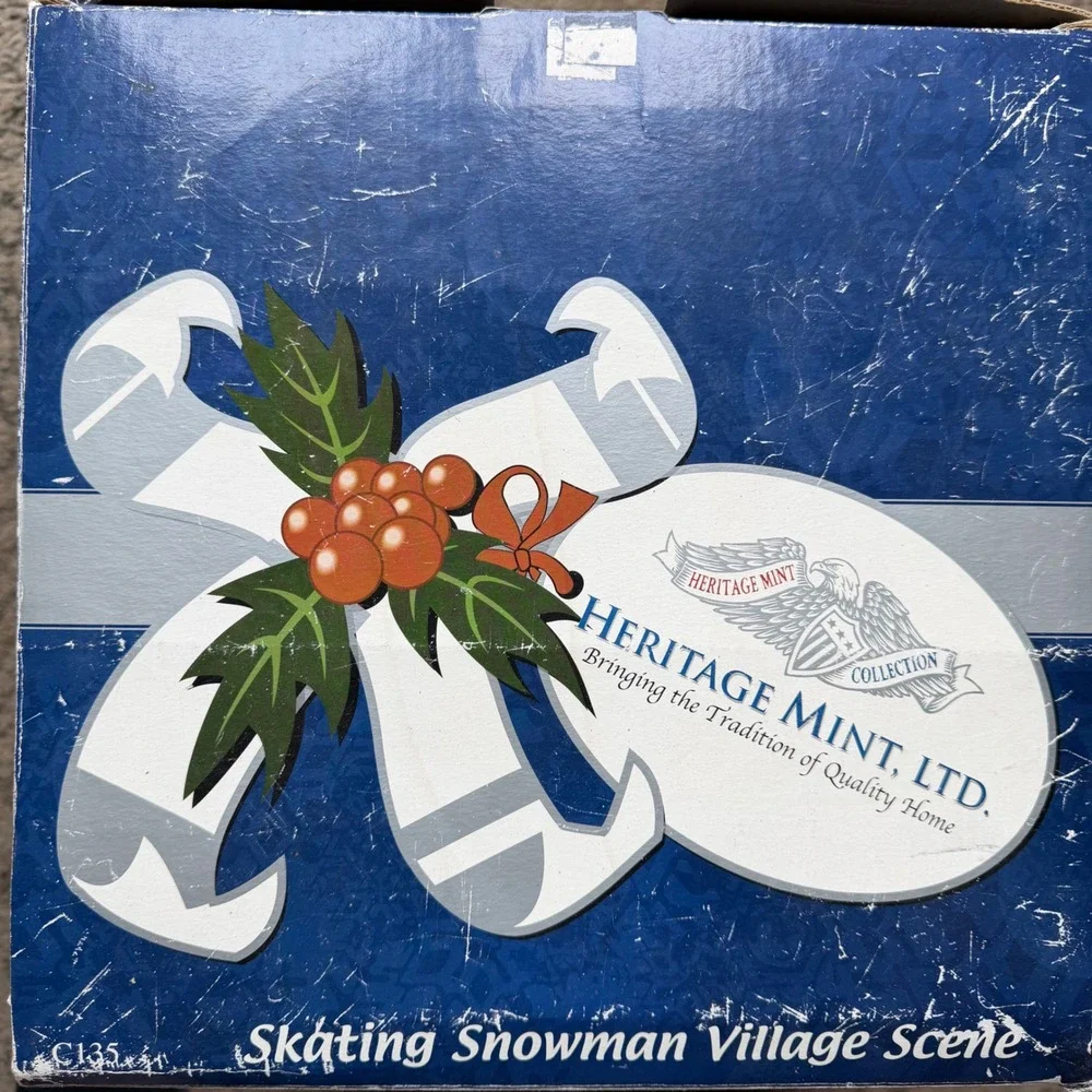 Heritage Mint Holiday Ice Sculptures Skating Snowman Village Scene C135 Light Up